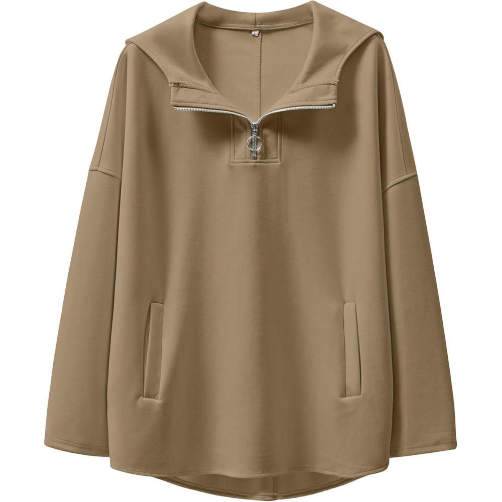 imageANRABESS Womens Oversized Hoodie Quarter Zip Sweatshirts 2025 Fall Winter Tunic Pullover Top Trendy Teen Girls Preppy ClothesDark Khaki