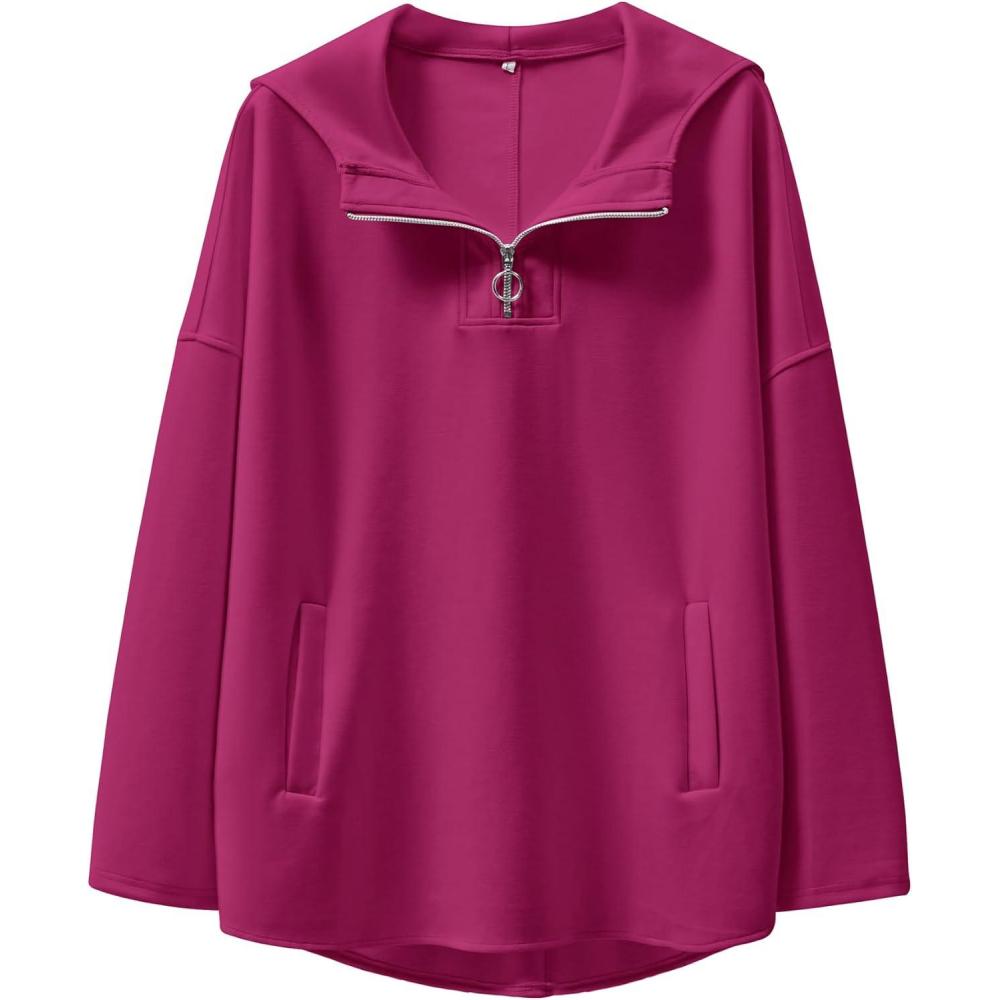 imageANRABESS Womens Oversized Hoodie Quarter Zip Sweatshirts 2025 Fall Winter Tunic Pullover Top Trendy Teen Girls Preppy ClothesHot Pink