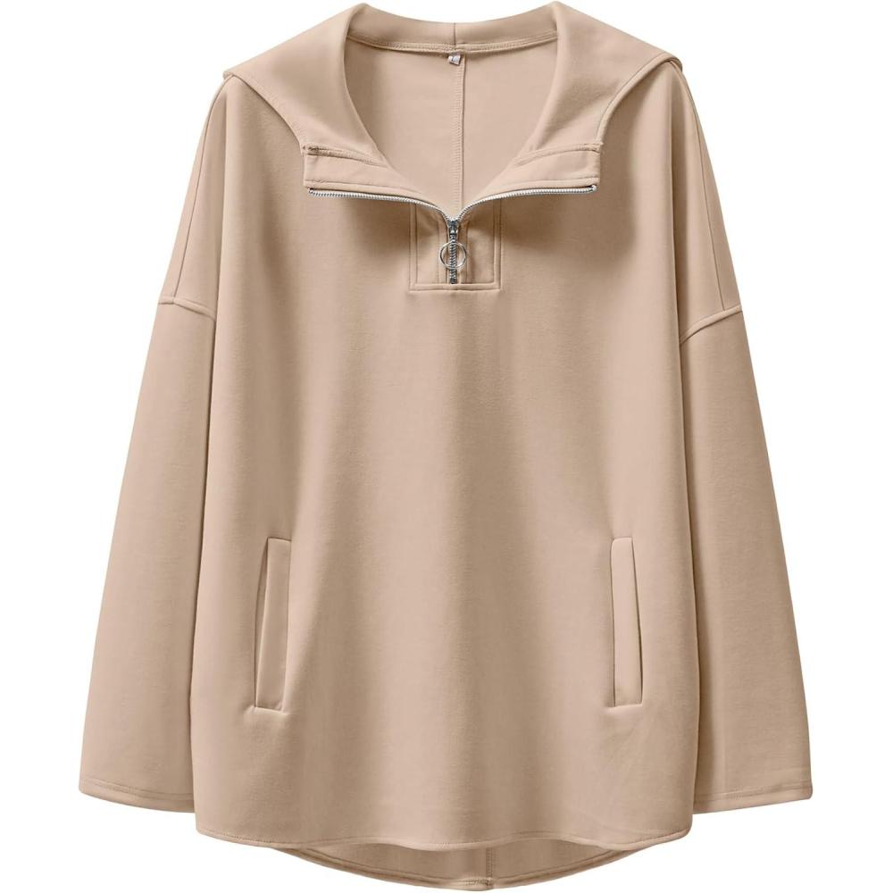 imageANRABESS Womens Oversized Hoodie Quarter Zip Sweatshirts 2025 Fall Winter Tunic Pullover Top Trendy Teen Girls Preppy ClothesKhaki