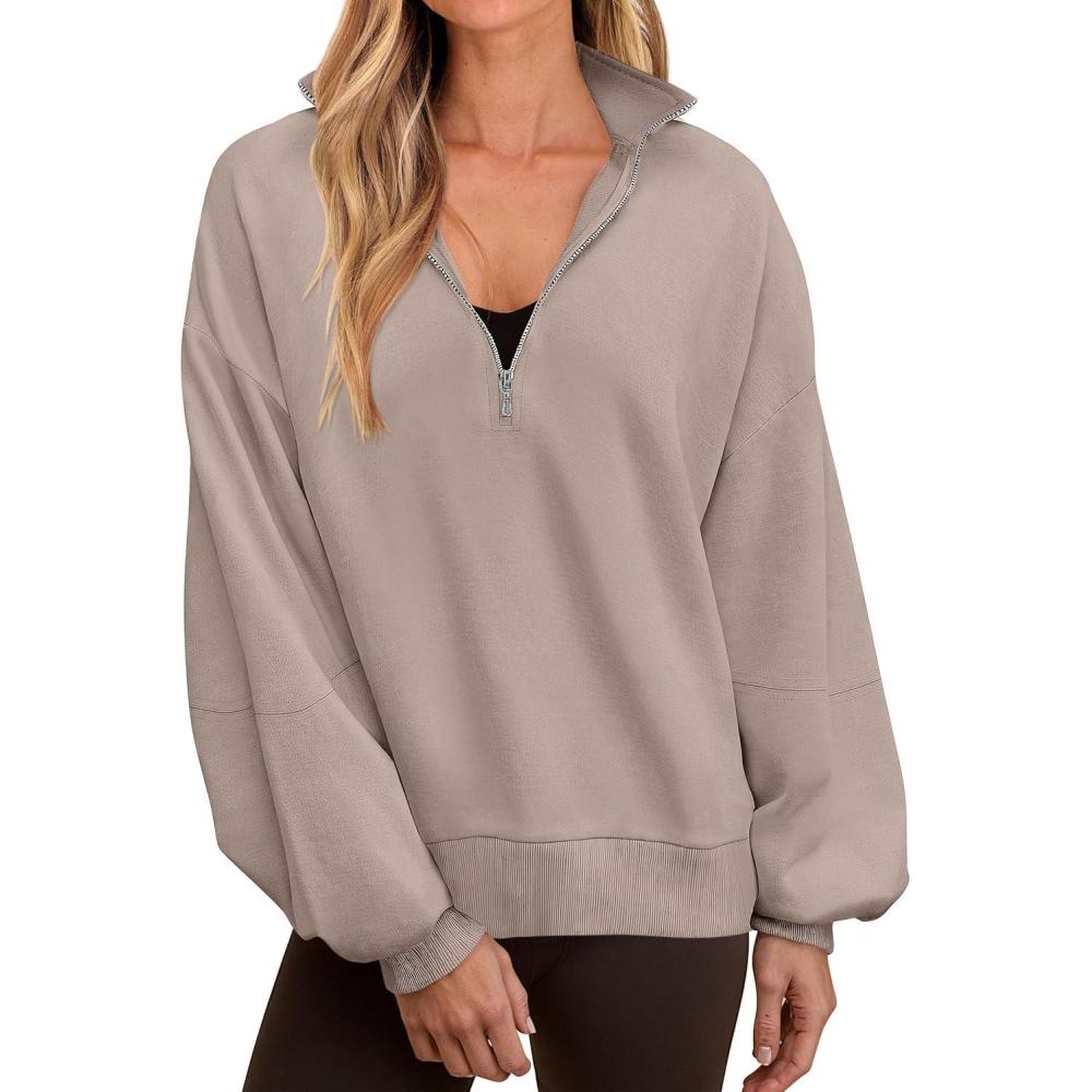 imageANRABESS Womens Oversized Sweatshirts Quarter Zip Long Sleeve Comfy Casual Pullover Tops 2025 Fall Trendy Y2K OutfitsKhaki