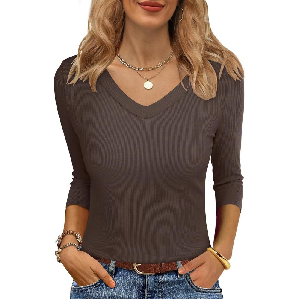 imageANRABESS Womens Tops 34 Sleeve V Neck Ribbed Knit Slim Fit Shirts Basic Tee 2025 Fall Outfits Casual Tshirt Fashion ClothesCoffee