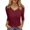 imageANRABESS Womens Tops 34 Sleeve V Neck Ribbed Knit Slim Fit Shirts Basic Tee 2025 Fall Outfits Casual Tshirt Fashion ClothesDeep Red