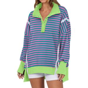 imageANRABESS Womens Sweatshirts Oversized Casual Loose Button Up Henley Pullover Top High Low Split 2025 Fall Fashion OutfitsPink Green