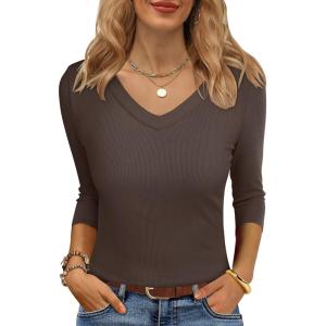 imageANRABESS Womens Tops 34 Sleeve V Neck Ribbed Knit Slim Fit Shirts Basic Tee 2025 Fall Outfits Casual Tshirt Fashion ClothesCoffee