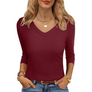 imageANRABESS Womens Tops 34 Sleeve V Neck Ribbed Knit Slim Fit Shirts Basic Tee 2025 Fall Outfits Casual Tshirt Fashion ClothesDeep Red