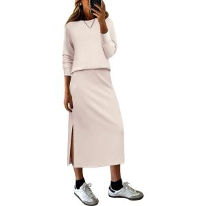 imageANRABESS 2 Piece Skirt Sets For Women Fall Dresses 2025 Long Sleeve Top and Midi Skirts Lounge Travel Outfits Winter ClothesApricot Pink