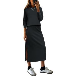imageANRABESS 2 Piece Skirt Sets For Women Fall Dresses 2025 Long Sleeve Top and Midi Skirts Lounge Travel Outfits Winter ClothesBlack