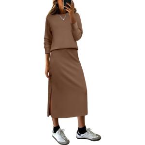 imageANRABESS 2 Piece Skirt Sets For Women Fall Dresses 2025 Long Sleeve Top and Midi Skirts Lounge Travel Outfits Winter ClothesCamel