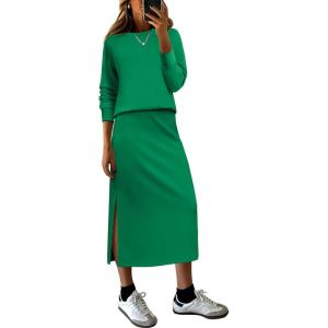imageANRABESS 2 Piece Skirt Sets For Women Fall Dresses 2025 Long Sleeve Top and Midi Skirts Lounge Travel Outfits Winter ClothesGreen