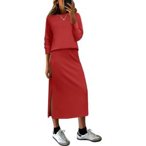 imageANRABESS 2 Piece Skirt Sets For Women Fall Dresses 2025 Long Sleeve Top and Midi Skirts Lounge Travel Outfits Winter ClothesRed