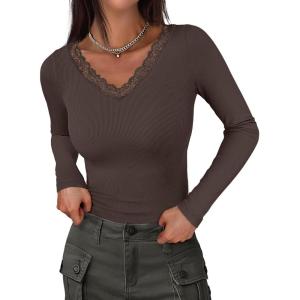 imageANRABESS Long Sleeve Shirts for Women Lace V Neck Rib Knit Slim Fit Basic Tee Tops 2025 Casual TShirt Going Out Fall OutfitsCoffee