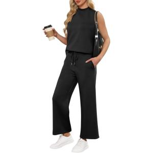 imageANRABESS Women 2 Piece Outfits Summer Lounge Sets Mock Neck Top Wide Leg Pants Casual Fashion Tracksuit 2025 Travel ClothesBlack