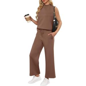 imageANRABESS Women 2 Piece Outfits Summer Lounge Sets Mock Neck Top Wide Leg Pants Casual Fashion Tracksuit 2025 Travel ClothesBrown