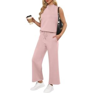 imageANRABESS Women 2 Piece Outfits Summer Lounge Sets Mock Neck Top Wide Leg Pants Casual Fashion Tracksuit 2025 Travel ClothesLight Pink