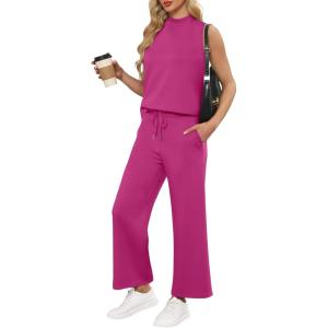 imageANRABESS Women 2 Piece Outfits Summer Lounge Sets Mock Neck Top Wide Leg Pants Casual Fashion Tracksuit 2025 Travel ClothesRose