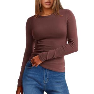 imageANRABESS Women Long Sleeve Thermal Top Crewneck Slim Fit Shirts 2025 Fall Basic Tee Casual Winter Warm Undershirts ClothesRed Brown