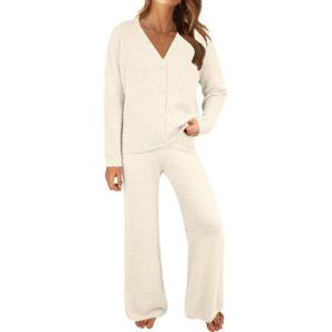 imageANRABESS Women Pajama Lounge Sets Fuzzy Fleece 2 Piece Outfits Long Sleeve Cardigan Wide Leg Pants 2025 Fall Comfy LoungewearBeige