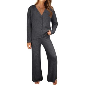 imageANRABESS Women Pajama Lounge Sets Fuzzy Fleece 2 Piece Outfits Long Sleeve Cardigan Wide Leg Pants 2025 Fall Comfy LoungewearDeep Grey