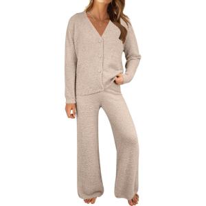 imageANRABESS Women Pajama Lounge Sets Fuzzy Fleece 2 Piece Outfits Long Sleeve Cardigan Wide Leg Pants 2025 Fall Comfy LoungewearLight Khaki