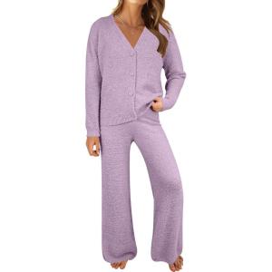 imageANRABESS Women Pajama Lounge Sets Fuzzy Fleece 2 Piece Outfits Long Sleeve Cardigan Wide Leg Pants 2025 Fall Comfy LoungewearPurple