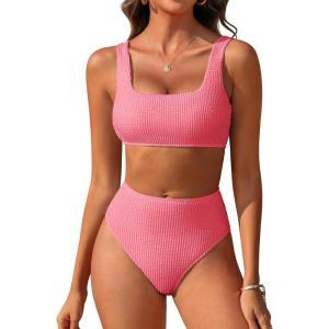 imageANRABESS Women Swimsuits Two Piece Bikini Set High Waisted Ribbed Tummy Control Modest Bathing Suits 2025 Beach Swim WearCoral Pink