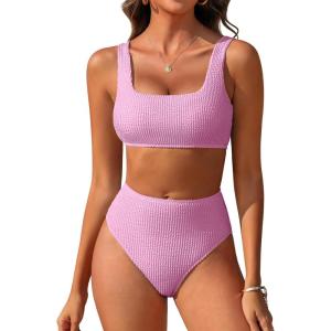imageANRABESS Women Swimsuits Two Piece Bikini Set High Waisted Ribbed Tummy Control Modest Bathing Suits 2025 Beach Swim WearLight Pink