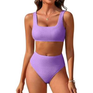 imageANRABESS Women Swimsuits Two Piece Bikini Set High Waisted Ribbed Tummy Control Modest Bathing Suits 2025 Beach Swim WearLight Purple