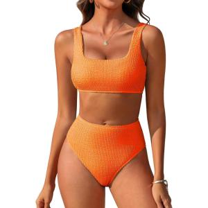 imageANRABESS Women Swimsuits Two Piece Bikini Set High Waisted Ribbed Tummy Control Modest Bathing Suits 2025 Beach Swim WearNeon Orange