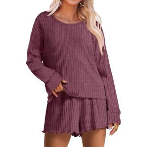 imageANRABESS Womens 2 Piece Lounge Pajama Sets Casual Ribbed Long Sleeve Top Matching Shorts Sleepwear PJ Set 2025 Fall OutfitsDark Red