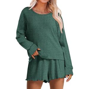 imageANRABESS Womens 2 Piece Lounge Pajama Sets Casual Ribbed Long Sleeve Top Matching Shorts Sleepwear PJ Set 2025 Fall OutfitsGreen