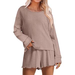 imageANRABESS Womens 2 Piece Lounge Pajama Sets Casual Ribbed Long Sleeve Top Matching Shorts Sleepwear PJ Set 2025 Fall OutfitsTan