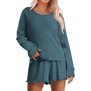 imageANRABESS Womens 2 Piece Lounge Pajama Sets Casual Ribbed Long Sleeve Top Matching Shorts Sleepwear PJ Set 2025 Fall OutfitsTeal