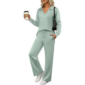 imageANRABESS Womens 2 Piece Outfits Lounge Sets Casual Long Sleeve Sweatsuits Polo Top Wide Leg Pants Fall Sweat Matching SetsPea Green