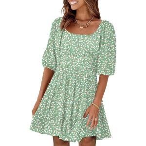imageANRABESS Womens Half Sleeve Mini Dress 2025 Fall Square Neck Casual Flowy Wedding Guest Dresses Summer Beach Vacation OutfitsWhite Brown Dot