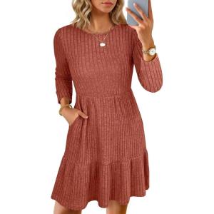 imageANRABESS Womens Long Sleeve 2025 Fall Short Dress Casual Ribbed Knit Crewneck Flowy A Line Mini Sweater Dresses with PocketsBurnt Orange