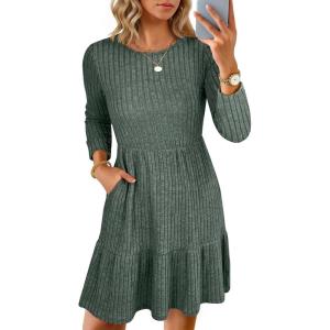 imageANRABESS Womens Long Sleeve 2025 Fall Short Dress Casual Ribbed Knit Crewneck Flowy A Line Mini Sweater Dresses with PocketsGray Green