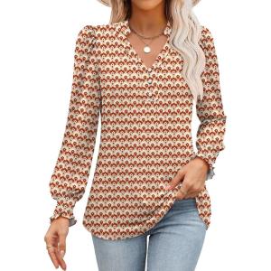imageANRABESS Womens Puff Long Sleeve Shirts Dressy Casual Blouses 2025 Fall V Neck Loose Fit Floral Business Work Tunic TopsRedorange Floral