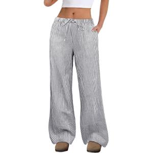 imageANRABESS Womens Striped Gingham Pants 2025 Fall Pajama Lounge Boxer Pants Casual Wide Leg Drawstring PJ Bottoms TrousersBlack White Stripe