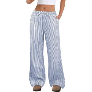 imageANRABESS Womens Striped Gingham Pants 2025 Fall Pajama Lounge Boxer Pants Casual Wide Leg Drawstring PJ Bottoms TrousersBlue White Stripe