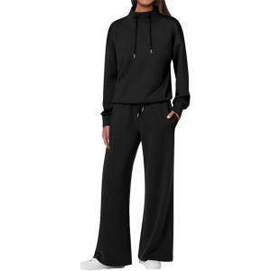 imageANRABESS Womens 2 Piece Outfits Sweatsuit Set 2025 Fall Drawstring Sweatshirt Wide Leg Sweatpant Lounge Set TracksuitBlack