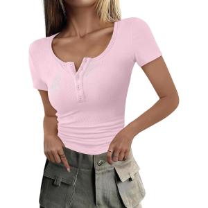 imageANRABESS Womens 2025 Summer Short Sleeve Tops Ribbed Knit Henley Button Up Slim Fit Basic Casual T Shirts Blouse Fall OutfitsPink