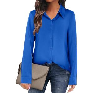imageANRABESS Blouse for Women Dressy Casual Satin Long Sleeve Button Down Shirts 2025 Fall Outfits Office Business Work TopsBlue