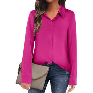 imageANRABESS Blouse for Women Dressy Casual Satin Long Sleeve Button Down Shirts 2025 Fall Outfits Office Business Work TopsHot Pink