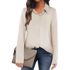 imageANRABESS Blouse for Women Dressy Casual Satin Long Sleeve Button Down Shirts 2025 Fall Outfits Office Business Work TopsParchment