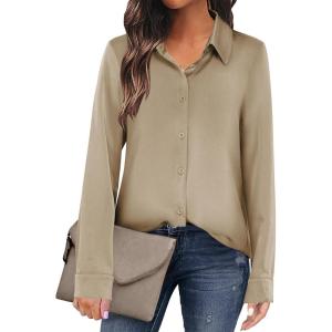 imageANRABESS Blouse for Women Dressy Casual Satin Long Sleeve Button Down Shirts 2025 Fall Outfits Office Business Work TopsTan