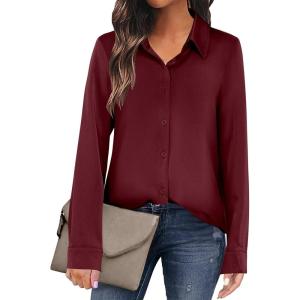 imageANRABESS Blouse for Women Dressy Casual Satin Long Sleeve Button Down Shirts 2025 Fall Outfits Office Business Work TopsWine Red