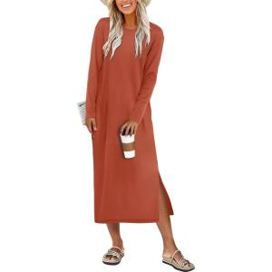 imageANRABESS Long Sleeve Midi Dresses for Women Fall Fashion Casual Vacation Crewneck Loose Split Striped Long Tshirts DressBrick Orange