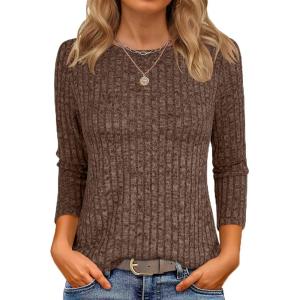 imageANRABESS Women 34 Sleeve Length Shirts 2025 Fall Lightweight Sweaters Loose Fit Ribbed Knit Casual Soft Layering TopsBrown