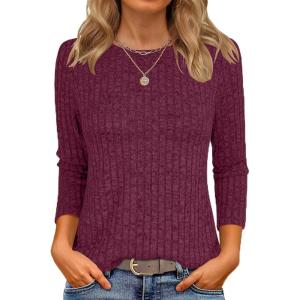 imageANRABESS Women 34 Sleeve Length Shirts 2025 Fall Lightweight Sweaters Loose Fit Ribbed Knit Casual Soft Layering TopsBurgundy