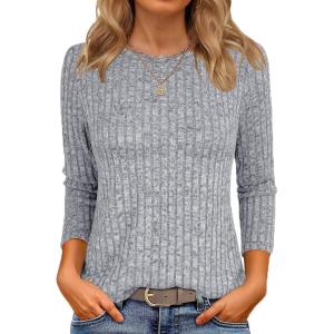 imageANRABESS Women 34 Sleeve Length Shirts 2025 Fall Lightweight Sweaters Loose Fit Ribbed Knit Casual Soft Layering TopsGrey